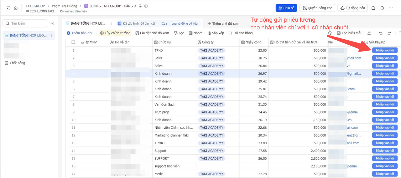 bảng tổng hợp công - lương nhân sự trên Lark Base